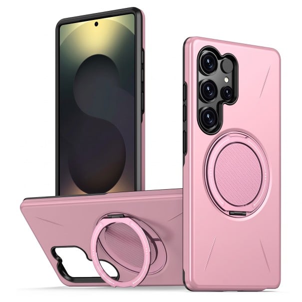 Capa traseira para Samsung Galaxy S25 FE Suporte rotativo 360 graus Compatível com carregamento sem fios Carbono Policarbonato e TPU Capa rosa