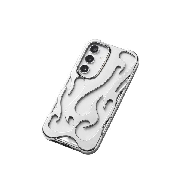 Capa traseira para Samsung Galaxy S26 Ultra com padrão 3D em chamas Capa de plástico para telemóvel prata brilhante