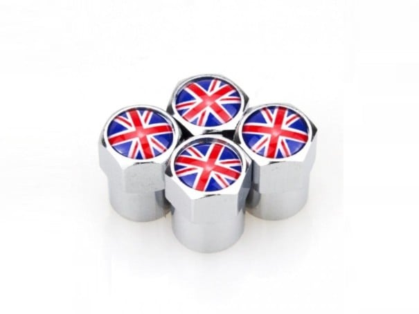 Capace decorative pentru ventilul anvelopelor cu motivul steagului britanic Corp din aluminiu Formă hexagonală Suprafață metalică lucioasă Set roșu