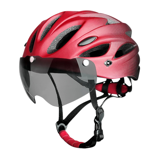 Capacete de ciclismo desportivo com luz LED e óculos magnéticos Capacete leve com ventilação para adultos Tamanho 58–62 cm 15 aberturas vermelho