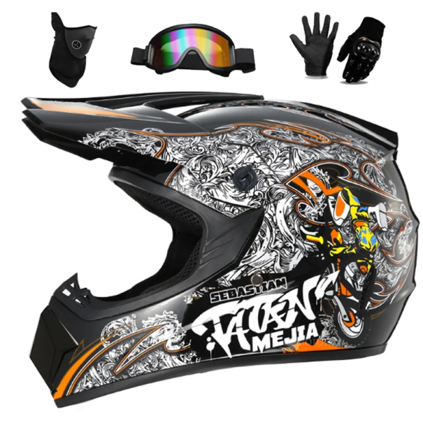 Capacete de moto infantil integral com ventilação e viseira ABS 1,2 kg Preto com estampado + máscara óculos luvas S (53-54 cm)