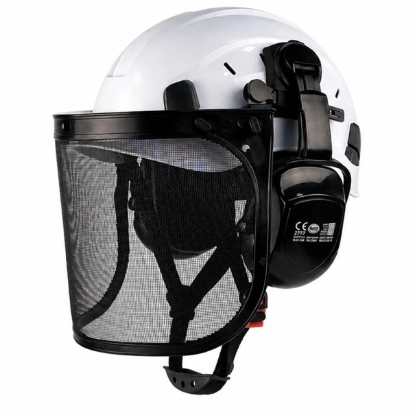 Capacete de proteção 3 em 1 com visor de rede metálica e protetores auriculares Tamanho 53 a 63 cm branco