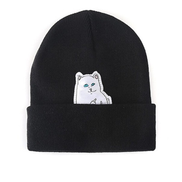 Cappello beanie lavorato a maglia da donna con toppe di un gatto che sbircia dal bordo ripiegato. Leggermente elasticizzato in cotone nero