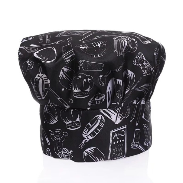 Cappello da cuoco 22 cm con stampa motivi da cucina nero bianco cotone poliestere taglio basso copricapo da lavoro per la cucina 1