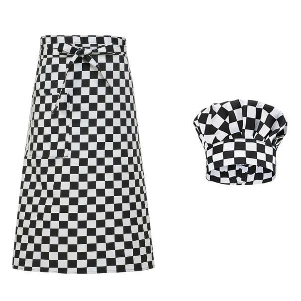 Cappello da cuoco e grembiule a motivo a quadri in poliestere abbigliamento da lavoro per la cucina per cucinare gastronomia con tasca e legatura 1