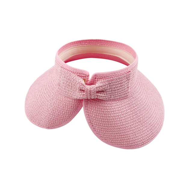 Cappello da sole estivo pieghevole in paglia per donna 54–58 cm Visiera larga con fiocco Protezione UV Cappello da spiaggia Senza parte superiore Primavera Estate Adulto rosa