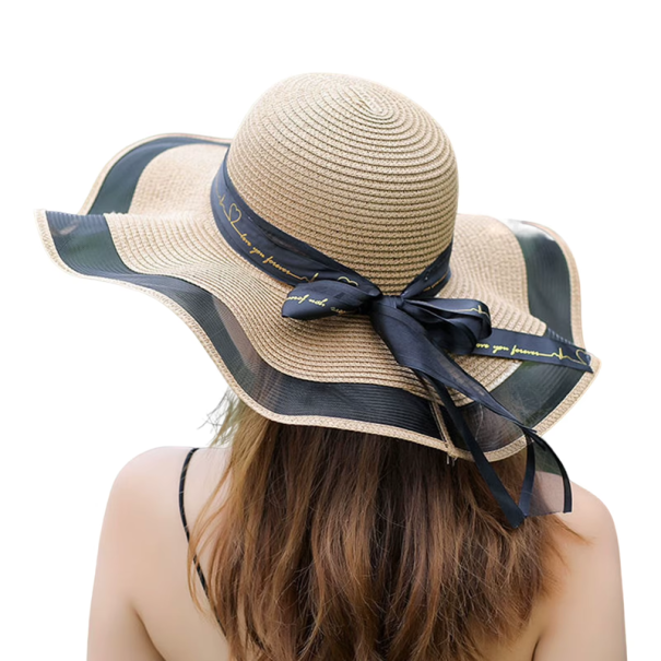 Cappello da spiaggia estivo in paglia per donne 54–58 cm Ampia visiera Protezione UV Circonferenza regolabile Accessorio di moda per vacanze e uso all'aperto kaki