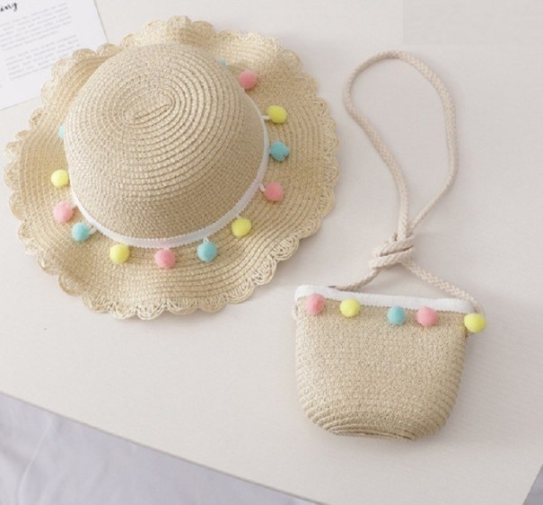 Cappello di paglia per ragazze con borsa beige