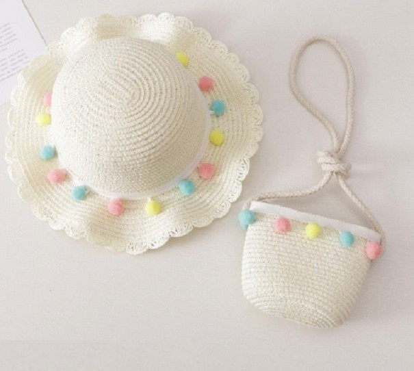Cappello di paglia per ragazze con borsa bianco