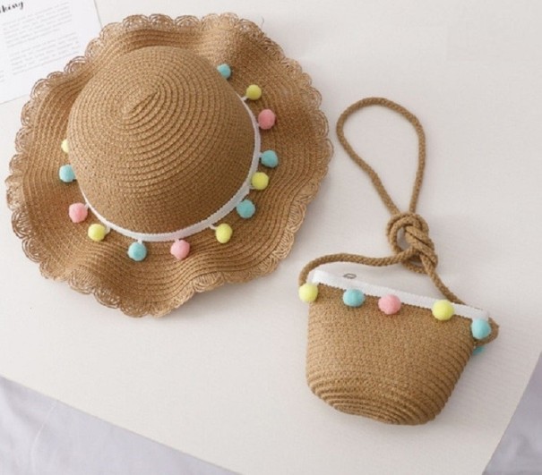 Cappello di paglia per ragazze con borsa marrone chiaro
