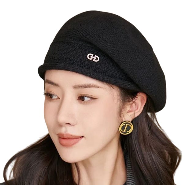 Cappello in maglia elasticizzato da donna con fleece Cappello invernale in poliestere con tasca Cappello in acrilico morbido e caldo per autunno e inverno Stile unisex nero