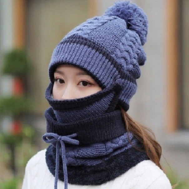 Cappello invernale da donna con collo e maschera per il viso Set 3 in 1 Motivo a treccia e pompon Cotone e cashmere Taglia unica blu