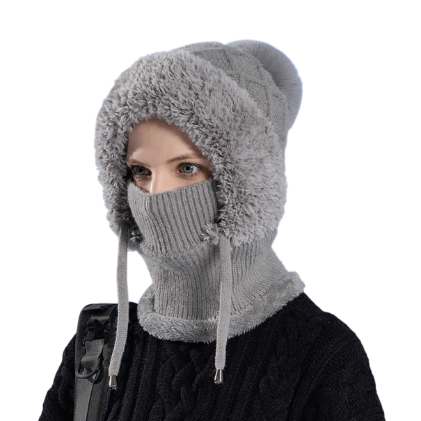 Cappello invernale da donna con pompon Circonferenza testa 55–60 cm Copricapo caldo lavorato a maglia con lacci per legare per l'inverno grigio