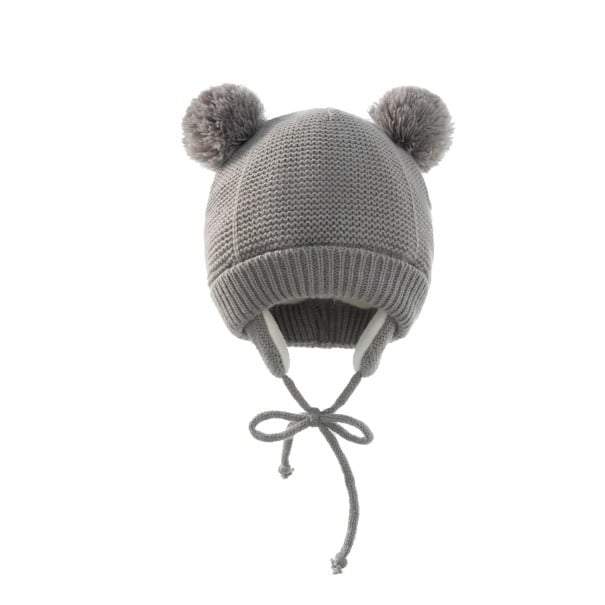 Cappello invernale per bambini con orecchie e pompon 19 × 18 cm 0–12 mesi Cotone acrilico Cappello con legatura sotto il collo Cappellino grigio