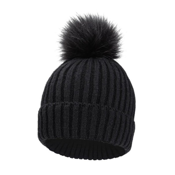 Cappello lavorato a maglia per bambini 1-3 anni Circonferenza fino a 60 cm A coste elastico Pompon grande Poliestere Cappellino invernale nero