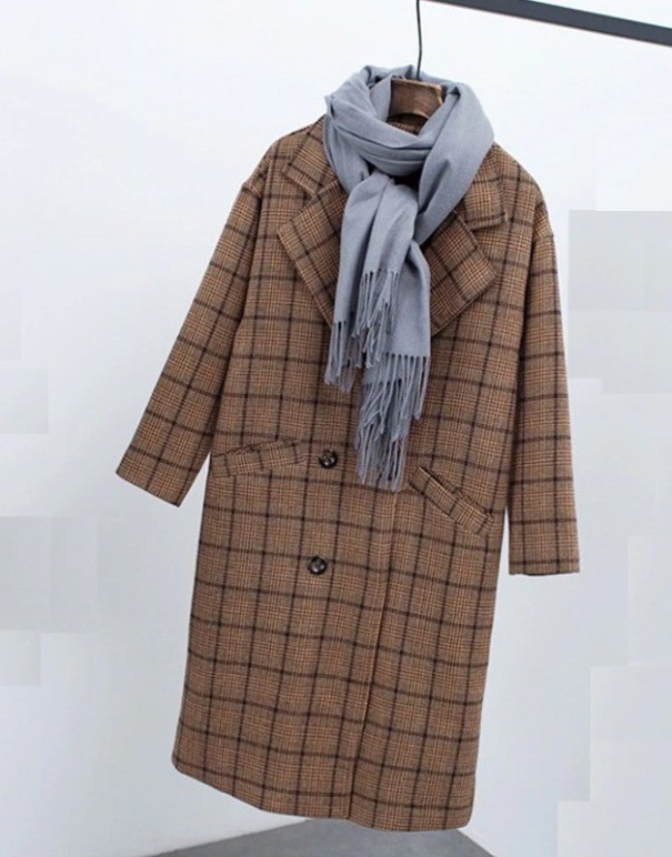 Cappotto a quadri da donna A1890 marrone chiaro M