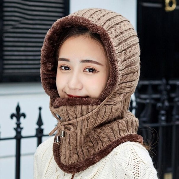 Cappuccio in maglia invernale da donna con pellicciotto interno Protezione di testa, orecchie e collo Motivo a treccia Cordino Cotone Taglia kaki