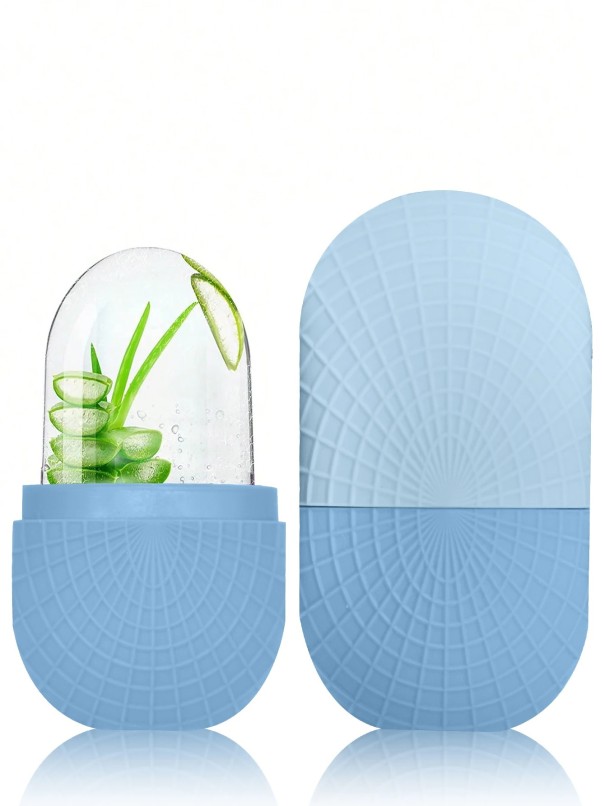 Cápsula de hielo cosmética fabricada en silicona suave para refrescar el rostro y calmar la piel, adecuada para extractos de hierbas y naturales. azul
