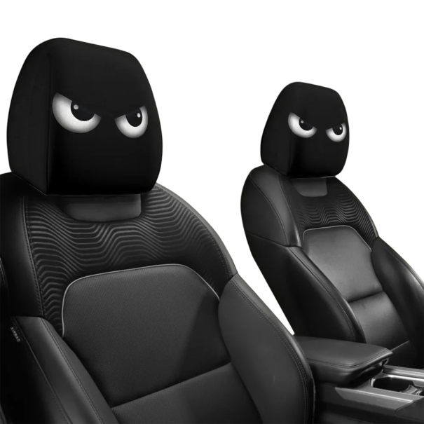 Car Headrest Covers 28 x 26 cm, Black Cover with White Eyes, Car Interior Decoration, 2 pcs, Polyester 1
