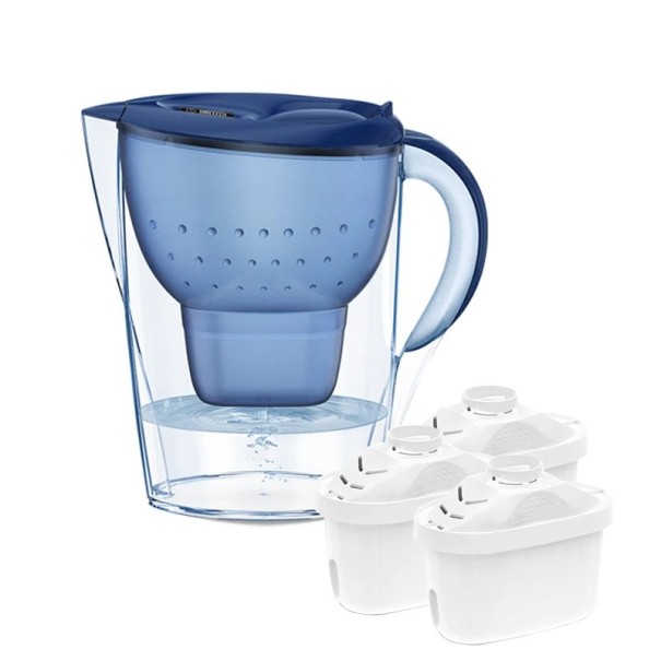 Carafe filtrante avec 3 filtres 3,5 l Purificateur d'eau avec charbon actif alcalin et minuterie 26 x 13,5 x 26 cm Température de l'eau : 4-38°C bleu