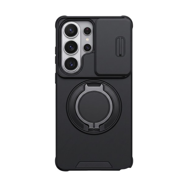 Carcasa rezistentă la șocuri pentru Samsung Galaxy S25+ cu suport rotund pliabil și capac glisant pentru cameră din policarbonat și TPU negru