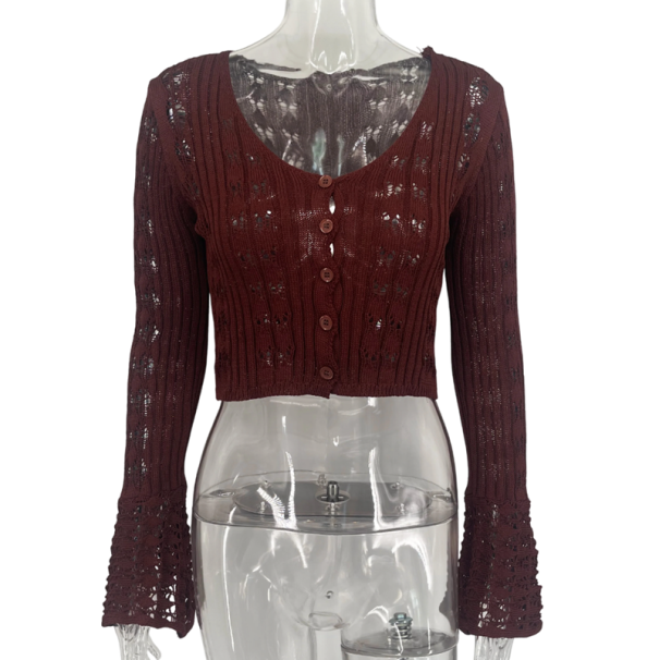 Cardigan da donna in maglia con scollo a V Maglione monocolore con bottoni e maniche ampie Cardigan elegante e alla moda in poliestere e cotone marrone S