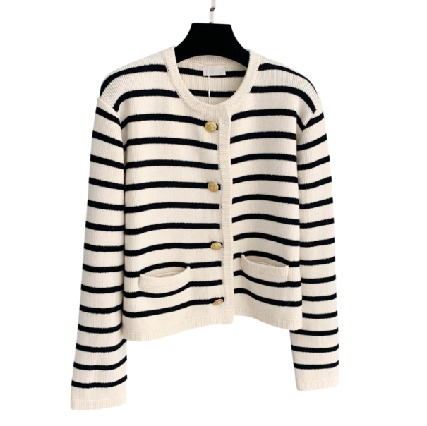 Cardigan damă cu dungi din poliester cu decolteu rotund Pulover elegant tricotat cu nasturi și mâneci lungi Mărime universală alb