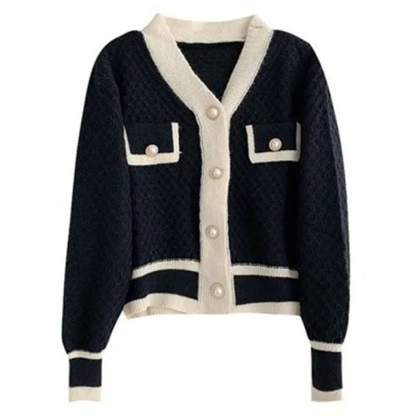 Cardigan damă cu dungi și mânecă lungă din acetat Pulover elegant cu nasturi și buzunare pe piept Mărime universală Stil damă la modă negru