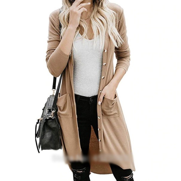 Cardigan de dama cu buzunare si nasturi maro deschis M