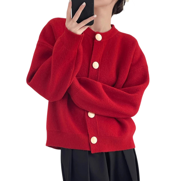 Cardigan de malha feminino com botões e decote redondo em acrílico e algodão com mangas longas tamanho universal para outono e inverno vermelho
