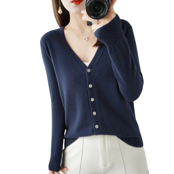 Cardigan de malha feminino com decote em V Suéter elegante com botões Suéter de moda em uma só cor Várias cores Poliéster Acrílico azul escuro L