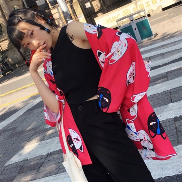 Cárdigan de mujer con estampado de gatos rojo