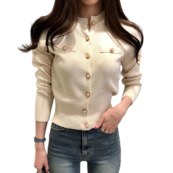 Cárdigan de mujer de algodón y lana con bolsillos en el pecho Suéter de punto de un solo color con botones y manga larga Talla única beige