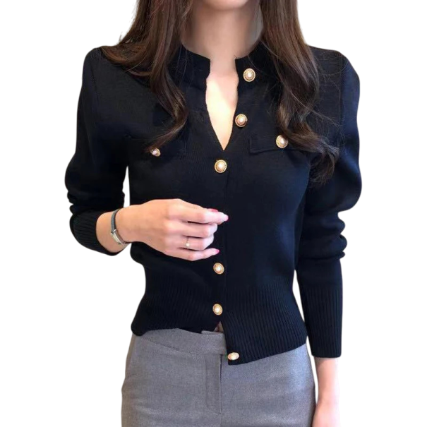 Cárdigan de mujer de algodón y lana con bolsillos en el pecho Suéter de punto de un solo color con botones y manga larga Talla única negro