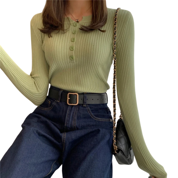 Cárdigan de mujer de algodón y poliéster con medio cierre de botones Suéter de un solo color con escote en O Manga larga Talla universal verde