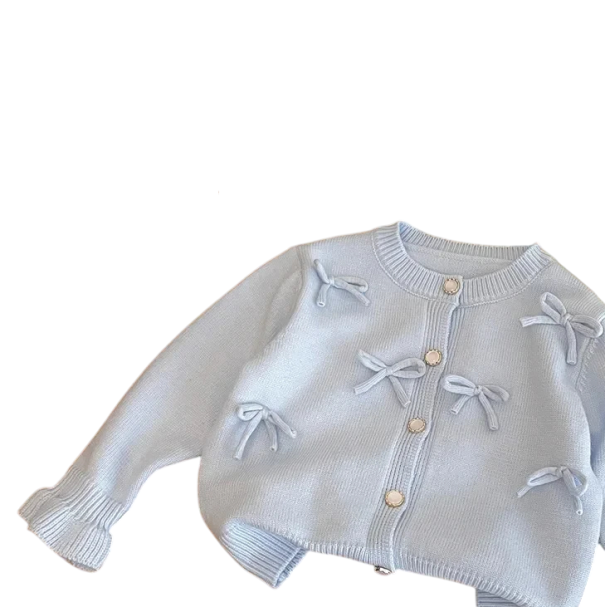 Cárdigan de niña de punto con lazo Suéter azul con escote redondo y botones Algodón Top infantil adorable Chaqueta elegante para niñas pequeñas Primavera Otoño 5
