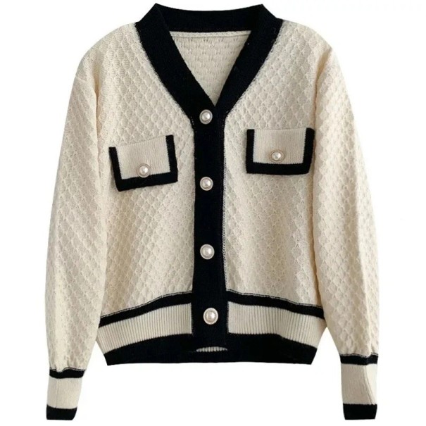 Cárdigan de punto para mujer con botones de perla, con ribete contrastante y bolsillos de acetato, con escote en V, talla única para otoño crema