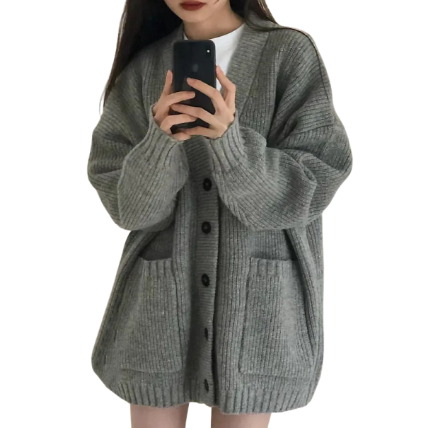 Cárdigan de seda para mujer con mangas largas y cierre de botones Suéter elegante de un solo color en talla universal para uso diario gris