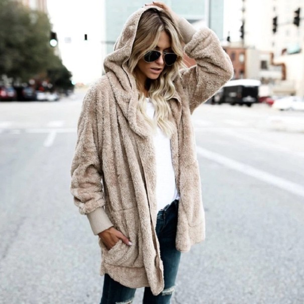 Cardigan en peluche pour femmes avec capuche beige XL