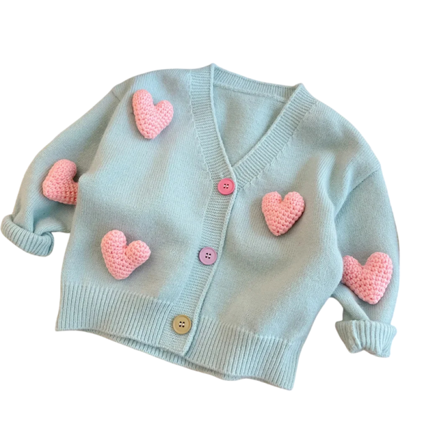 Cardigan en tricot pour filles avec des cœurs en coton et polyester, décolleté en V, fermeture à boutons, manches longues, style coréen, pull d'hiver pour filles bleu 6