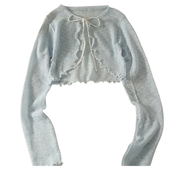 Cardigan estivo da donna con maniche lunghe e lacci Maglione leggero in poliestere monocolore Top elegante e arioso per le giornate calde blu