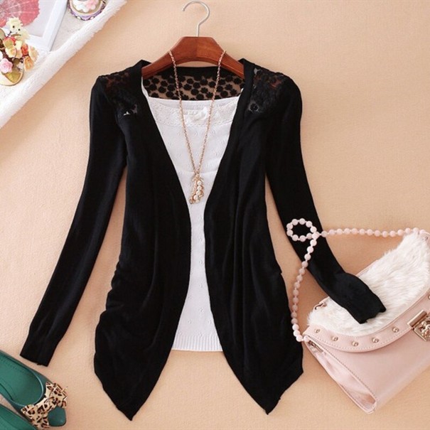 Cardigan feminino com bordado de flores preto