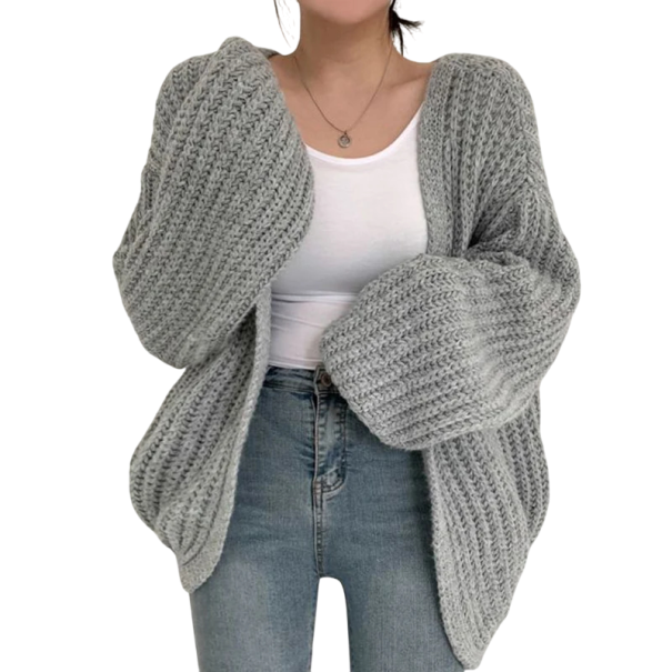 Cardigan feminino de malha sem fecho em poliéster Cobertura elegante de uma só cor com mangas longas Sweater leve em tamanho universal cinzento