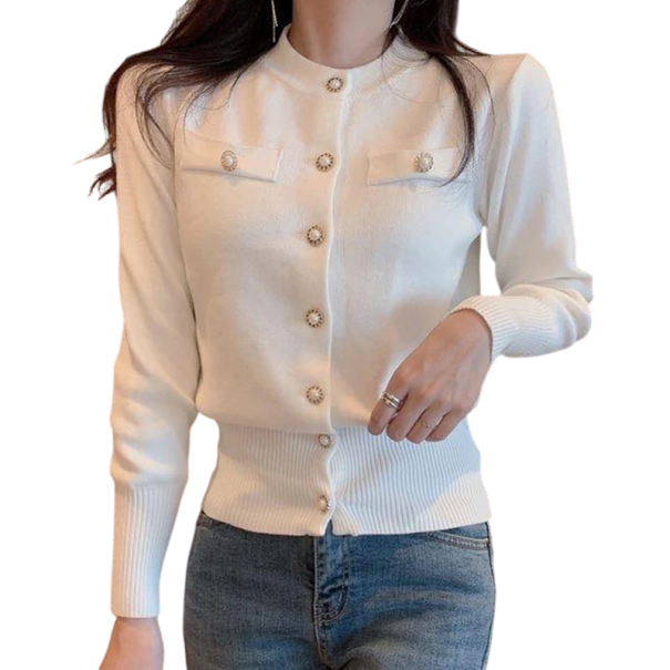 Cardigan feminino em algodão e lã com bolsos no peito Sweater de malha liso com botões e mangas longas Tamanho universal branco
