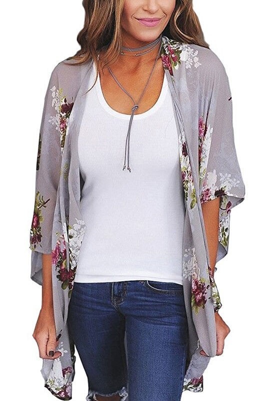 Cardigan für Damen mit Blumendruck grau XL