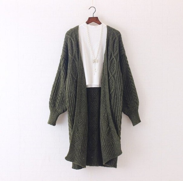 Cardigan lavorato a maglia da donna G379 verde militare