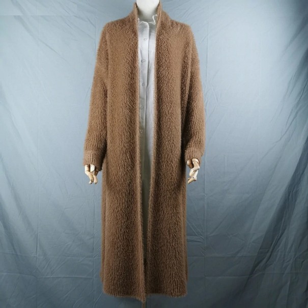Cardigan long et pelucheux pour femmes marron