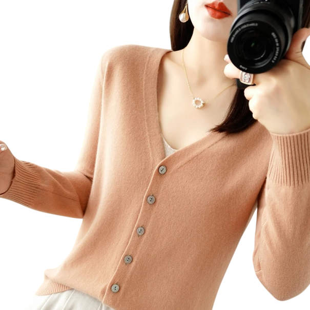 Cardigan tricotat pentru femei cu decolteu în V Pulover elegant cu nasturi Pulover modern uni Diverse culori Poliester Acril kaki XS