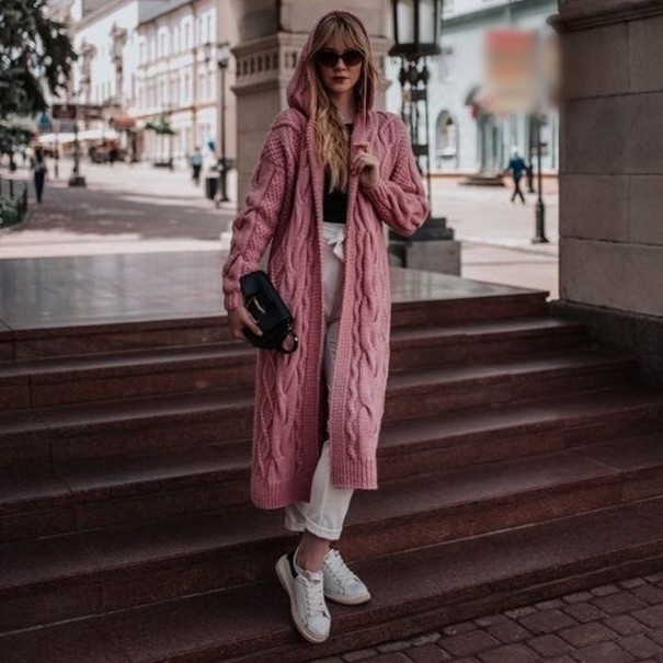 Cardigan tricotat pentru femei, cu glugă roz 4XL