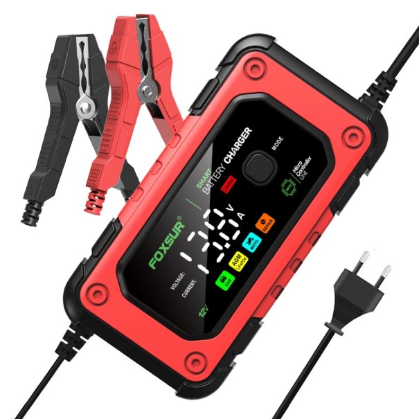 Cargador de baterías de automóvil 12 V 7 A Cargador automático inteligente con microprocesador Protección contra sobrevoltaje Enchufe rojo